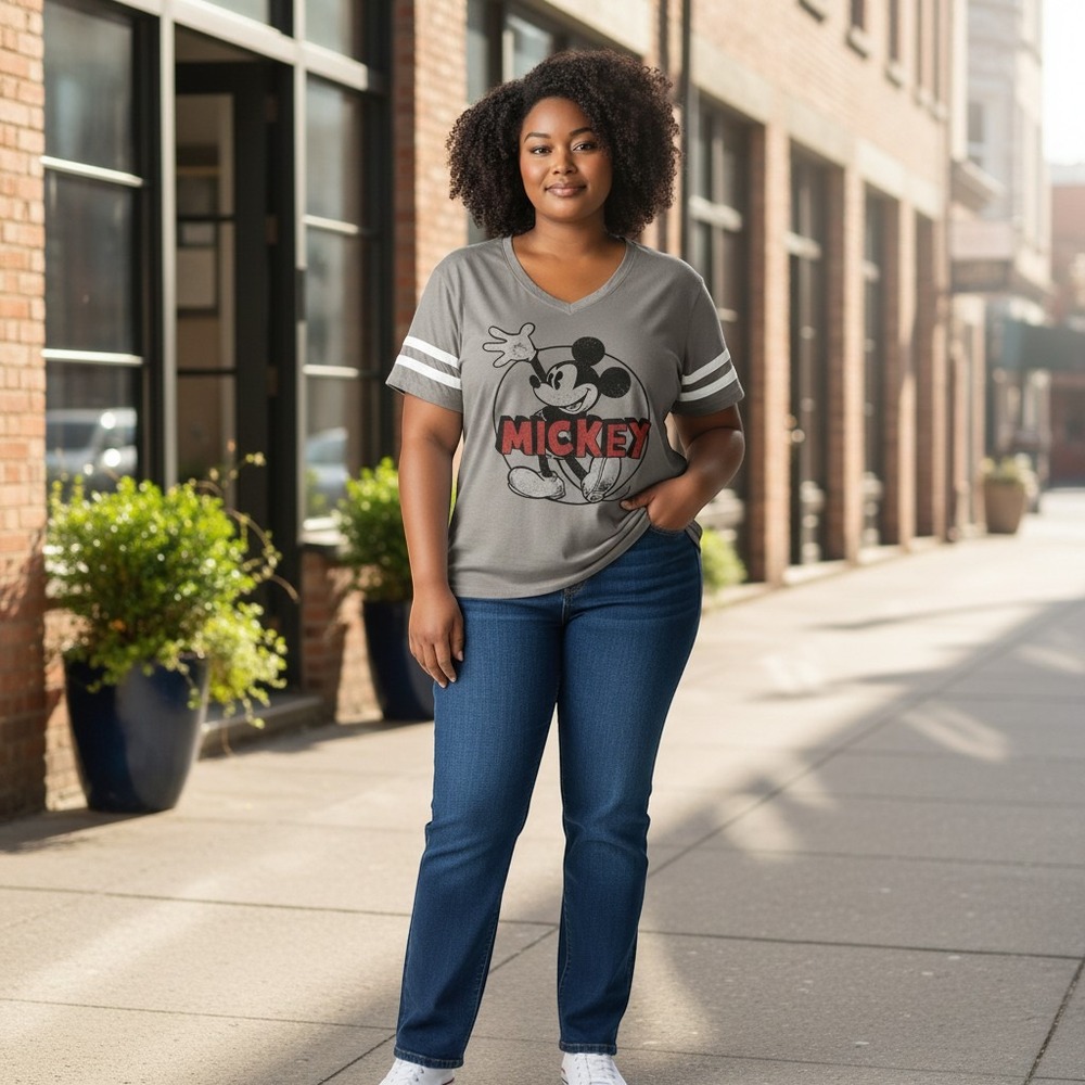 Disney 3 Mickey Mouse Gray V-Neck Graphic Tee Athletic Stripe Sleeve Size 3X
